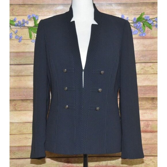 Tahari Navy Blue Pinstripe Blazer Jacket Military Button Accents Ladies Size 10 - Picture 1 of 13